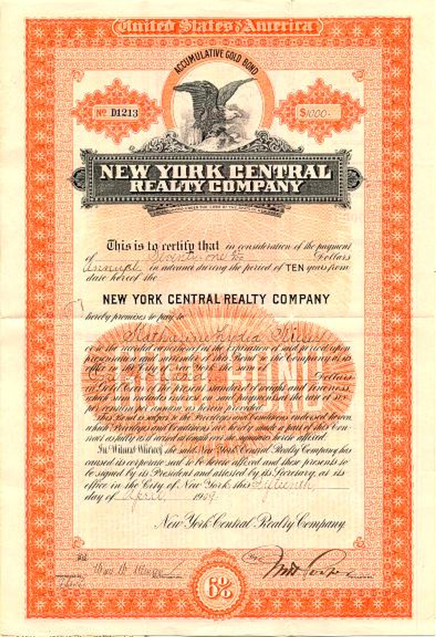 タイタニックMerchant's National 紙幣 複製 証明書付き額入り New York Central Realty Company ( Accumulative Gold Bond