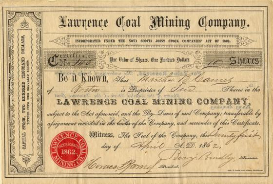 Lawrence Coal Mining Company Nova Scotia, Canada 1864 Scripophily