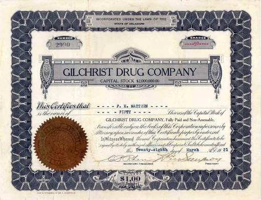 Gilchrist Drug Company 1921 Collect Stocks and