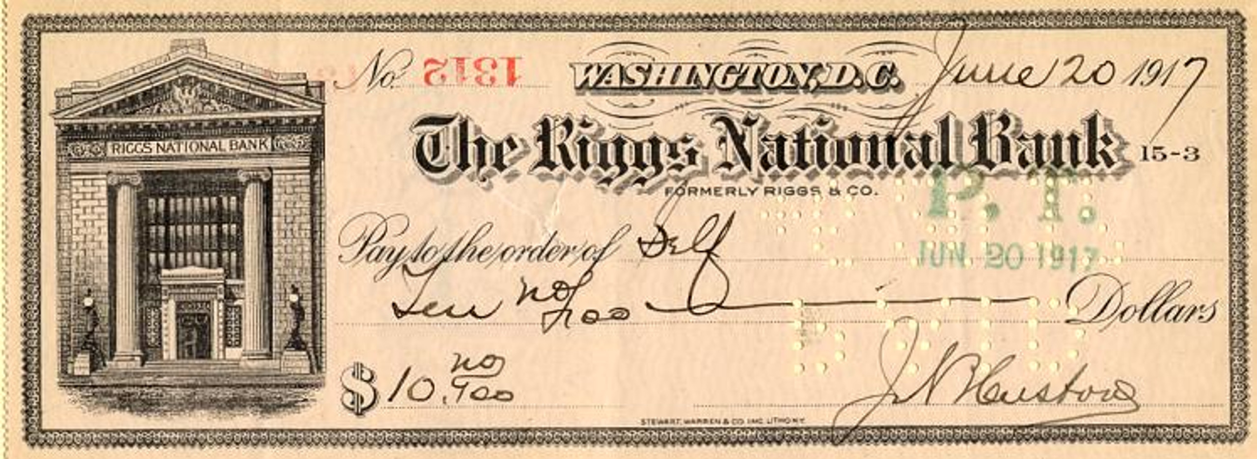 Riggs National Bank Check Signed By Treasurer Of The United States