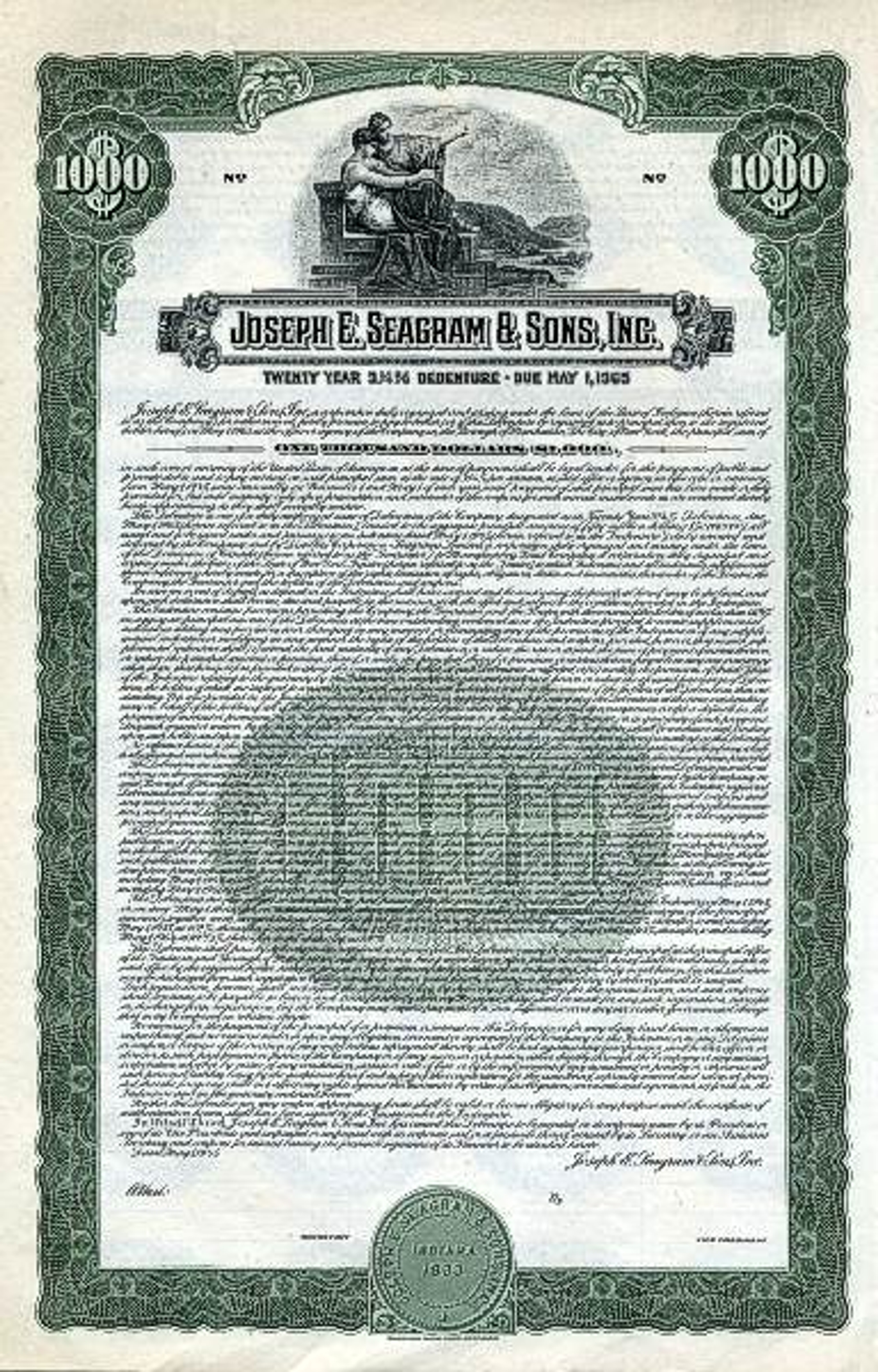 Joseph E. Seagram & Sons, Inc. 1000 Bond Indiana 1945 Scripophily