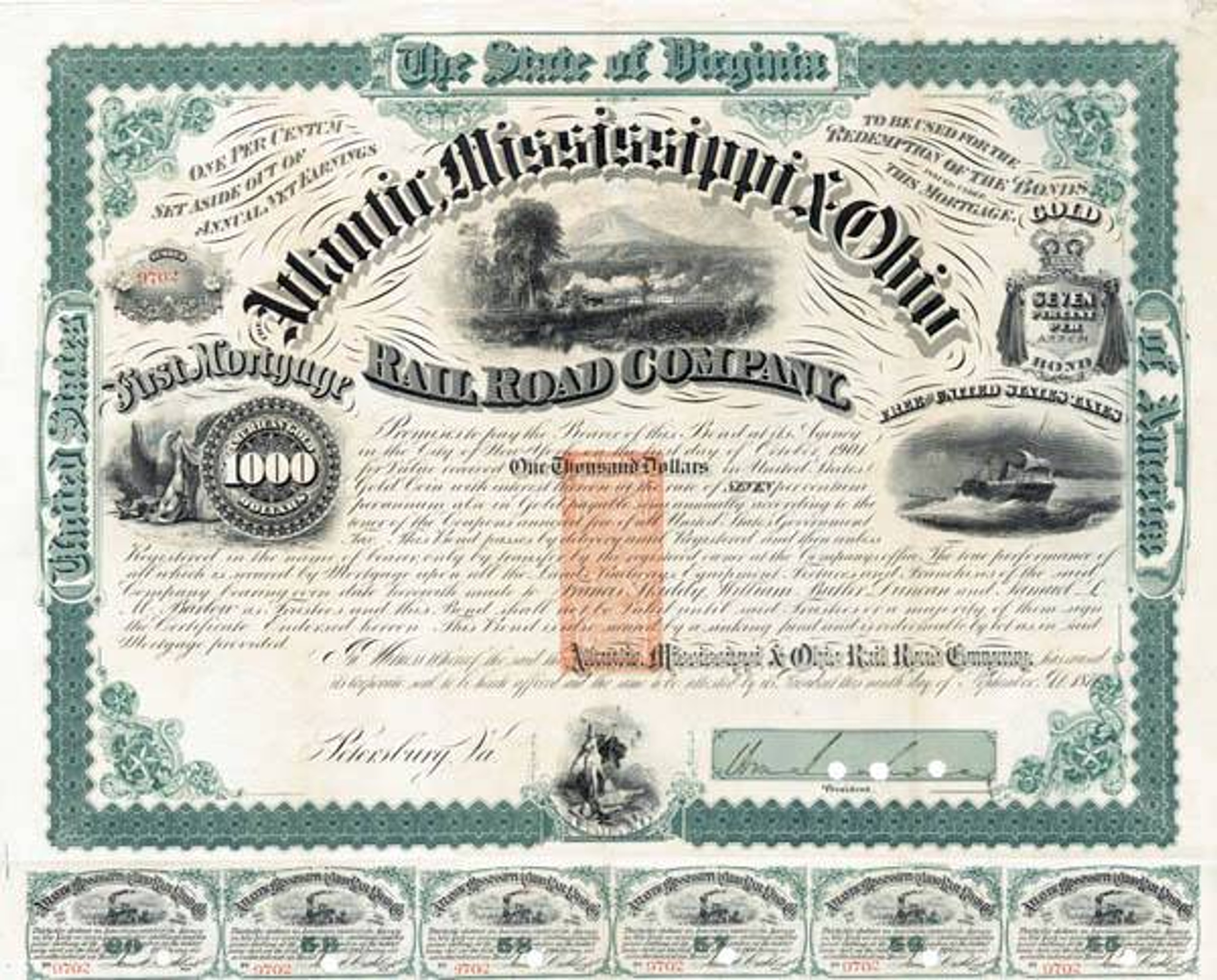 Atlantic Mississippi and Ohio Rail Road Co 1,000 Gold Bond signed by