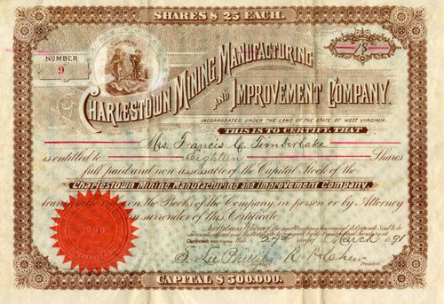Charles Town Mining, Manufacturing and Improvement Company signed by Confederate Colonel Roger Preston Chew - West Virginia 1891 Charles Town Mining, Manufacturing and Improvement Company signed by Confederate Colonel Roger Preston Chew - West Virginia 1891