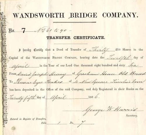 Wandsworth Bridge Company - England 1866