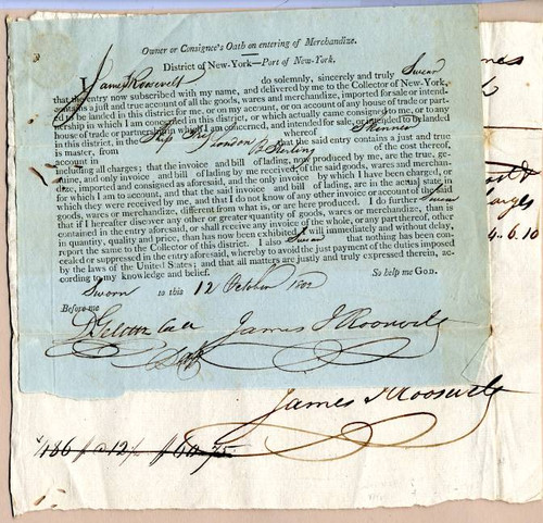 James J. Roosevelt Signed Inventory of Merchandise -  New York 1802
