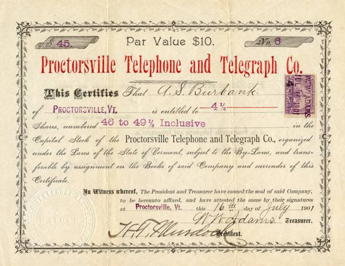 Proctorsville Telephone and Telegraph Company - Vermont 1901