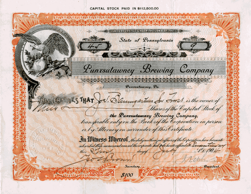 Ambridge Economy Brewing Company > 1911 Pennsylvania beer bond certificate 