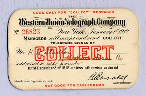 Western Union Telegraph Company Identification Card for Collect Telegrams - 1912