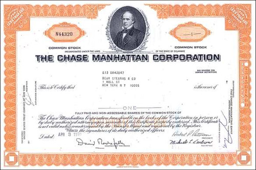 Chase Manhattan Bank Corporation Stock - David Rockefeller as Chairman