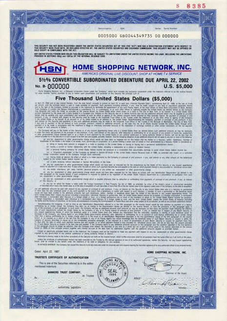 Home Shopping Network, Inc. -  Specimen Convertible Debt - 1987