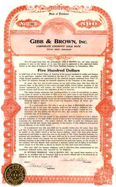 Gibb & Brown, Inc. 1924 - Gold Note Columbiana, Ohio
