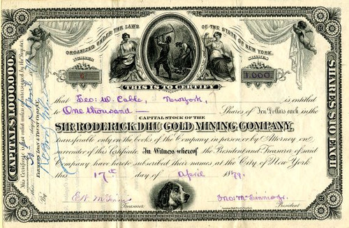 Sir Roderick Dhu Gold Mining Company signed by George W. Cable & McGinnis Bros. of old Wall Street Bank  - New York 1879