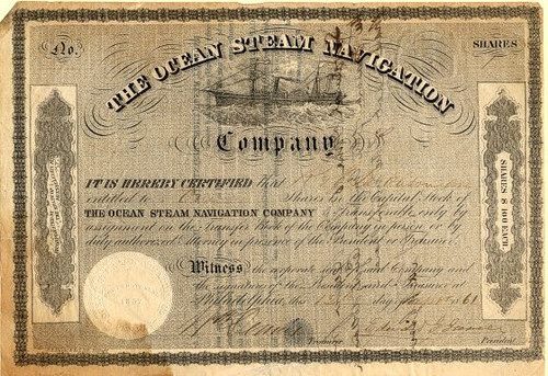 Ocean Steam Navigation Company - Issued during Civil War - Philadelphia, Pennsylvania 1861