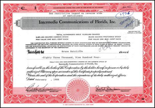 Intermedia Communications of Florida, Inc. - RARE Pre IPO Shares (Now WorldCom Company)