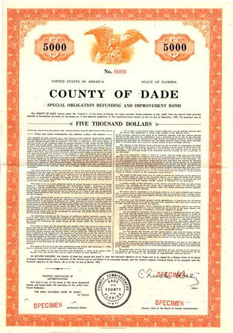 County of Dade Special Obligation Refunding and Improvement Bond - Florida 1964