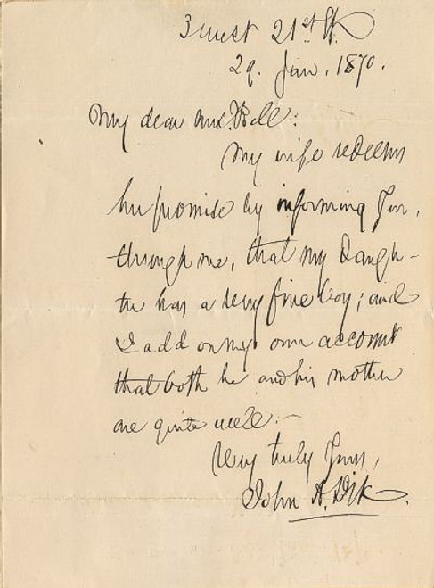 General John Dix handwritten letter  regarding the new birth a grandson  - 1870
