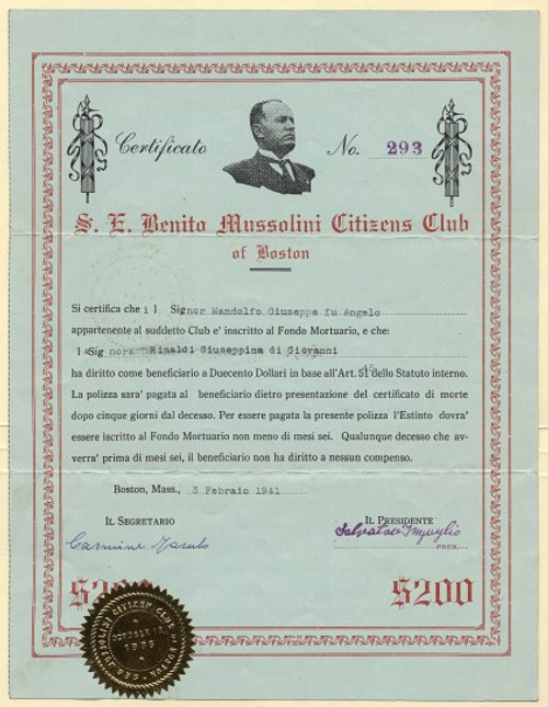 S. E. Benito Mussolini Citizens Club of Boston - Massachusetts 1941