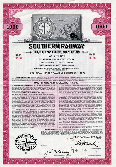 Southern Railway Equiptment Trust $1000 Bond - 1972