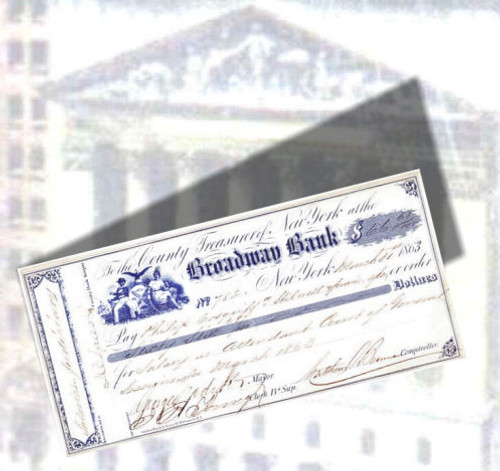 Broadway Bank New York Treasury Check 1863 signed by Draft Riot Mayor - Civil War Era