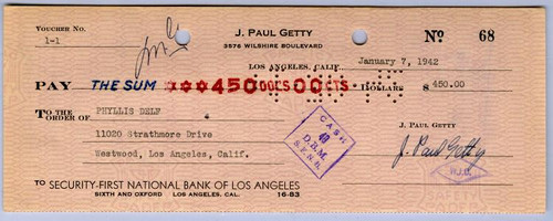 J. Paul Getty Handsigned Check - 1945