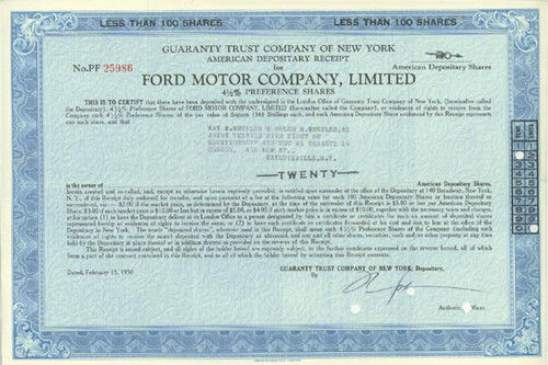 Pack of 100 Certificates - Ford Motor Company, Limited - Price includes shipping costs to U.S.