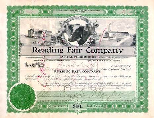 Reading Fair Company Stock with unusual vignette of 3 Cows 1916