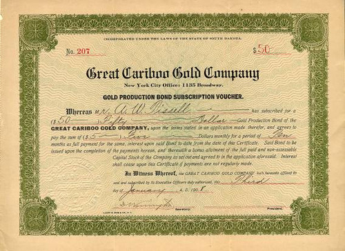 Great Cariboo Gold Company - South Dakota 1908