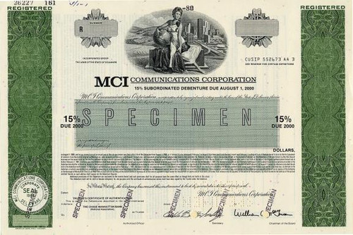 MCI Communications Corporation ( RARE Specimen Bond) Pre Worldcom Merger - Delaware