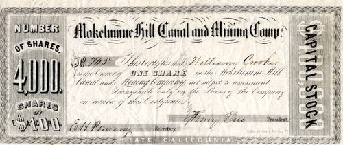 Mokelumne Hill Canal and Mining Company - Calaveras. Mokelumne - California 1852