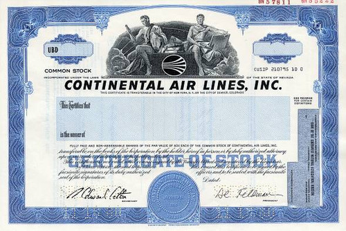Continental Air Lines, Inc. Specimen ( President, Alvin Feldman or Robert Six) - Nevada 1980