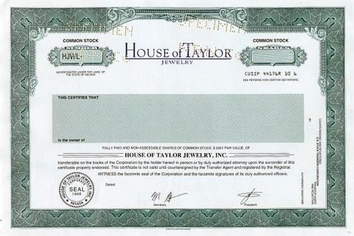 House of Taylor Jewelry, Inc (Elizabeth Taylor's Company) - Nevada