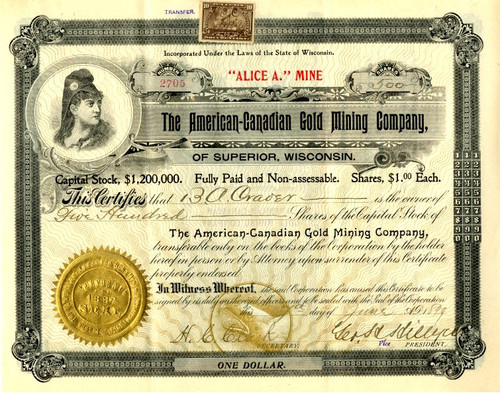 American Canadian Gold Mining Company of Superior, Wisconsin - "Alice A" Mine- 1899