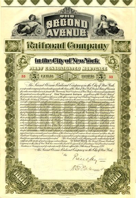 Second Avenue Railroad Company $1000 Gold Bond signed by the first chairman of the Federal Reserve Bank of New York - New York 1898