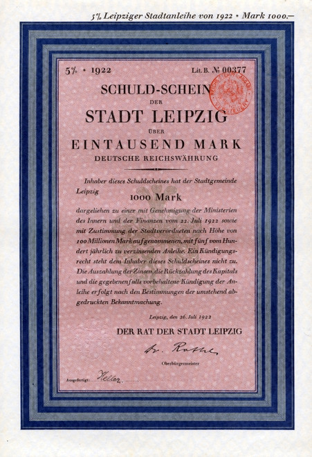 Leipzig, Stadt Leipzig Schuldschein 1000 Mark 1922 uncancelled Bond Loan  - Germany