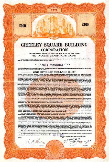 Pack of 100 Certificates - Greeley Square Building Corporation - Price includes shipping costs to U.S.
