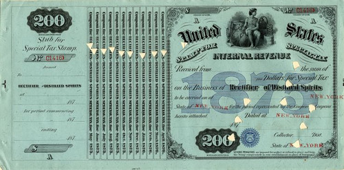 United States Tax License - Rectifier of Distilled Spirits  1876