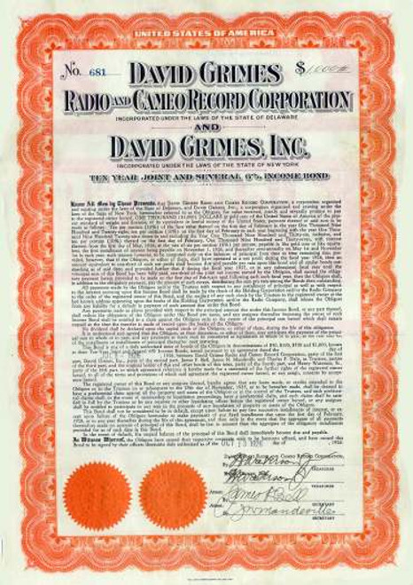 David Grimes Radio and Cameo Record Corporation - Gold Bond 1926