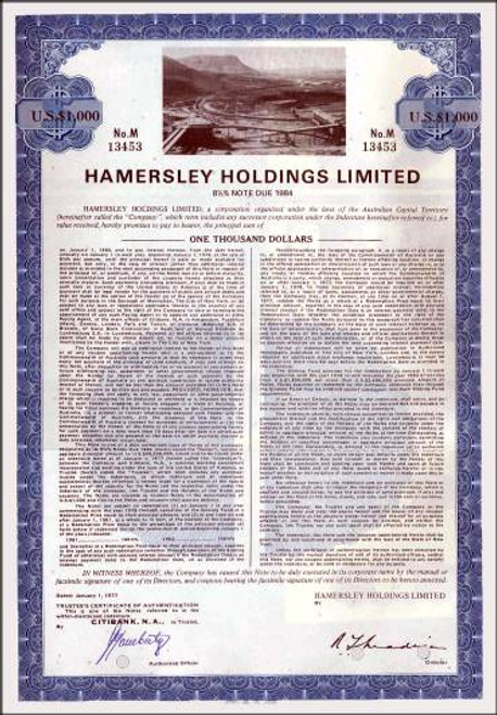 Pack of 100 Certificates - Hammersley Holdings Limited Australia- Price includes shipping costs to U.S.