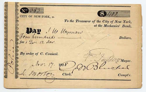 City of New York check signed by Mayor, William Paulding, Jr. - New York, New York 1825