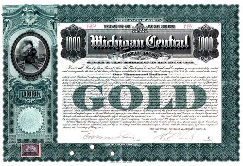 Michigan Central Railroad $1,000, 3 1/2 percent, 50 Year Gold Bond - 1902.