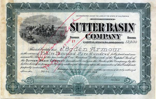Sutter Basin Company issued to and signed by J. Ogden Armour - California 1913