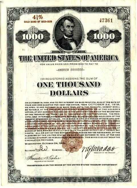 Fourth Liberty Loan $1,000 4 1/4% Gold Bond of 1933-1938 - Washington, DC 1918 - Sold