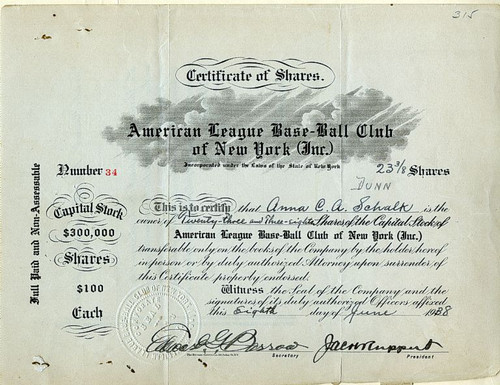 American League Baseball Club of New York (New York Yankees) signed by Jacob Ruppert and Ed Barrow 1938