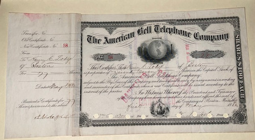 American Bell Telephone Company issued to and signed by Henry Cabot Lodge- 1880