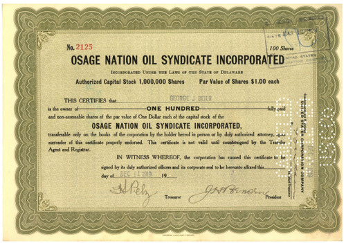 Osage Nation Oil Syndicate Incorporated (Killers of the Flower Moon)- 1919
