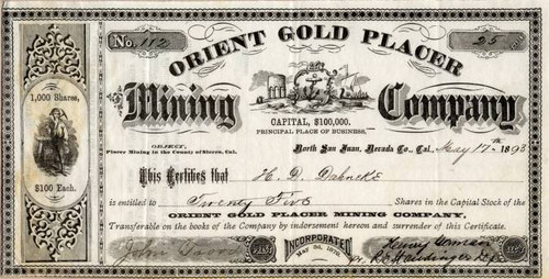 Orient Gold Placer Mining Company 1893 - North San Juan, Nevada County, California: Orient Gold Placer Mining Company - North San Juan, Nevada - 1893