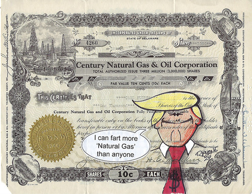 Century Natural Gas & Oil - Authentic Stock Certificate with Original Trump Parody Drawing by Award Winning Artist and Comedian, Robert Byrne