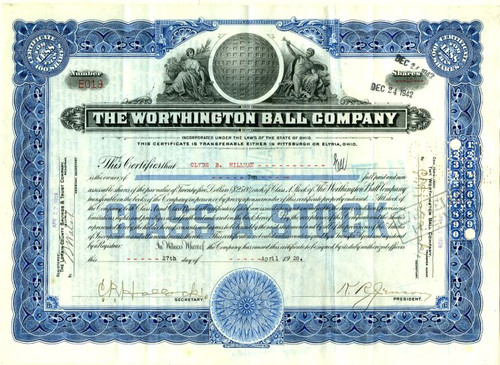 Worthington Ball Company stock certificate - Elyria, Ohio - 1928