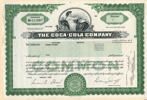 Coca - Cola Stock Certificate.