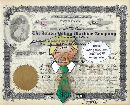 Authentic Union Voting Machine Company Stock Certificate with Original Trump Parody Drawing by Award Winning Artist and Comedian, Robert Byrne